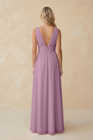 V - Neck A - Line Chiffon Ruched Bridesmaid Dress in Wisteria - KissProm Bridesmaid Dresses