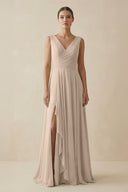 V - Neck A - Line Chiffon Ruffled Bridesmaid Dress in Almond - KissProm Bridesmaid Dresses