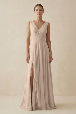 V - Neck A - Line Chiffon Ruffled Bridesmaid Dress in Almond - KissProm Bridesmaid Dresses
