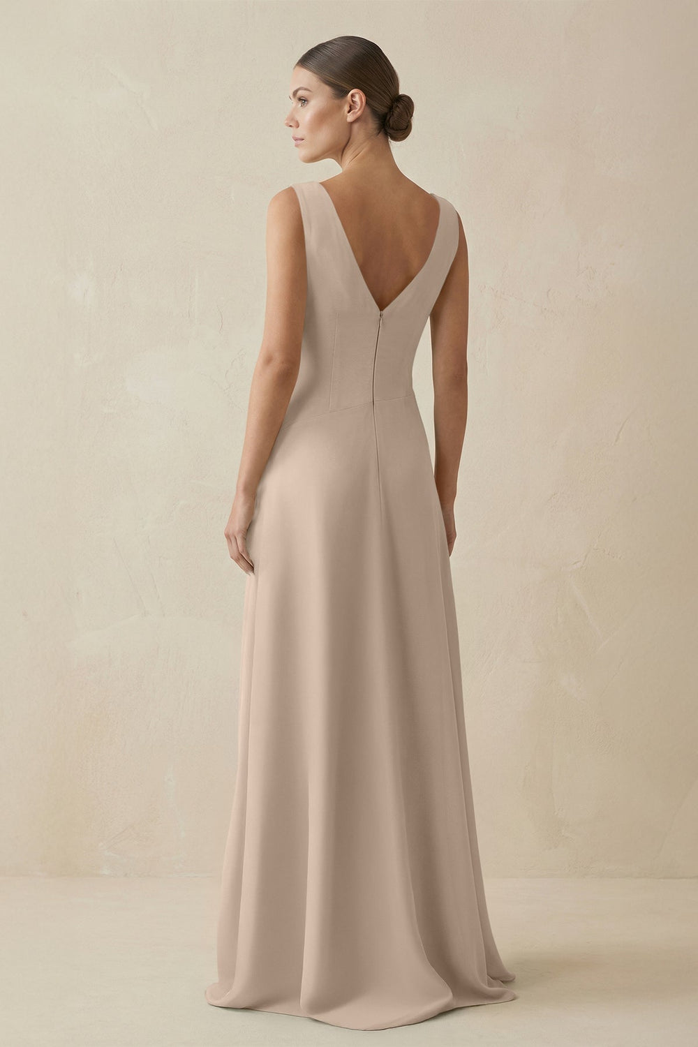 V - Neck A - Line Chiffon Ruffled Bridesmaid Dress in Almond - KissProm Bridesmaid Dresses