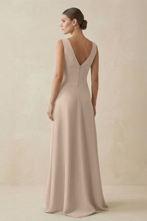 V - Neck A - Line Chiffon Ruffled Bridesmaid Dress in Almond - KissProm Bridesmaid Dresses
