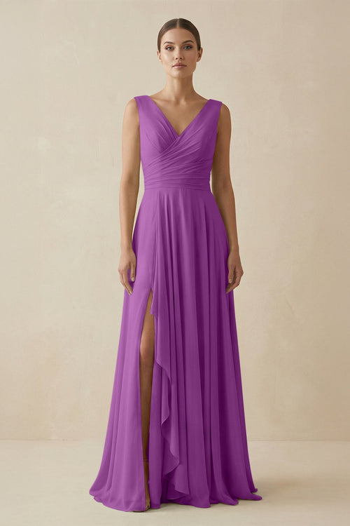 KissProm V-Neck A-Line Chiffon Ruffled Bridesmaid Dress in Amethyst, Amethyst / 26