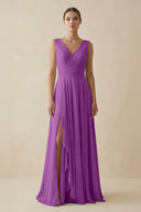 V - Neck A - Line Chiffon Ruffled Bridesmaid Dress in Amethyst - KissProm Bridesmaid Dresses