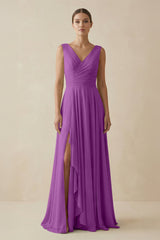 V - Neck A - Line Chiffon Ruffled Bridesmaid Dress in Amethyst - KissProm Bridesmaid Dresses