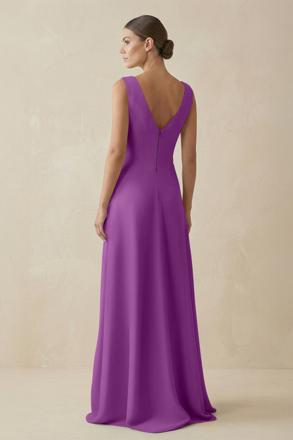 V - Neck A - Line Chiffon Ruffled Bridesmaid Dress in Amethyst - KissProm Bridesmaid Dresses