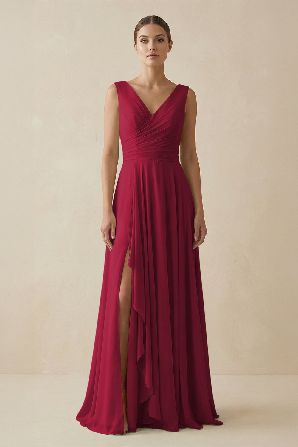 V - Neck A - Line Chiffon Ruffled Bridesmaid Dress in Berry - KissProm Bridesmaid Dresses