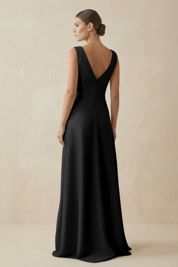 V - Neck A - Line Chiffon Ruffled Bridesmaid Dress in Black - KissProm Bridesmaid Dresses
