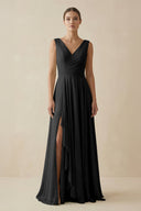 V - Neck A - Line Chiffon Ruffled Bridesmaid Dress in Black - KissProm Bridesmaid Dresses