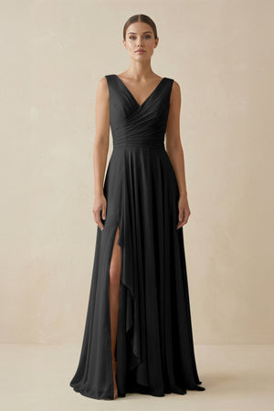 V - Neck A - Line Chiffon Ruffled Bridesmaid Dress in Black - KissProm Bridesmaid Dresses