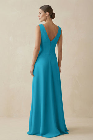 V - Neck A - Line Chiffon Ruffled Bridesmaid Dress in Blue Jay - KissProm Bridesmaid Dresses