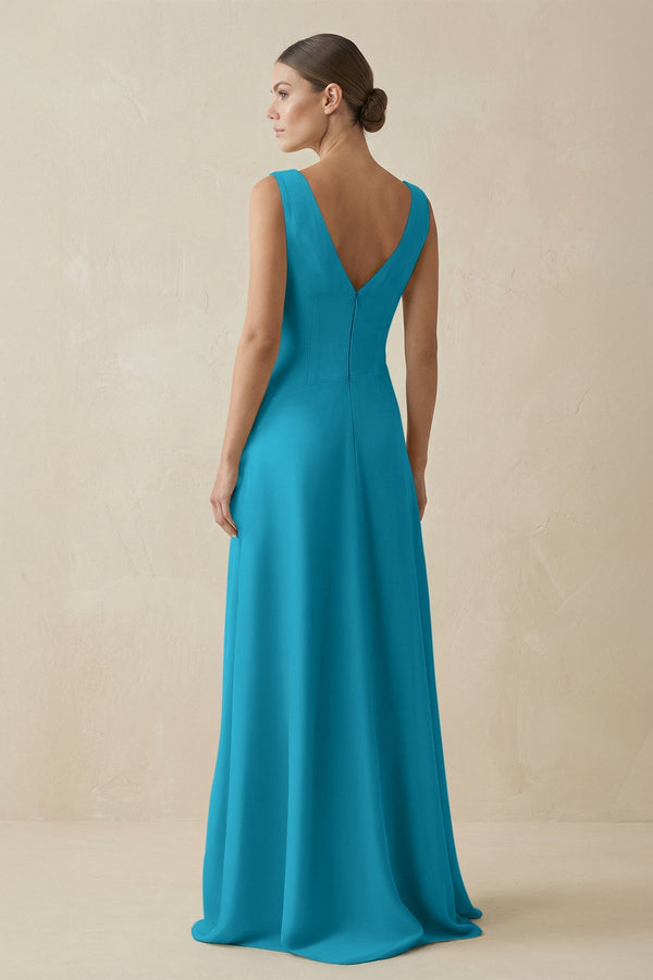 V - Neck A - Line Chiffon Ruffled Bridesmaid Dress in Blue Jay - KissProm Bridesmaid Dresses