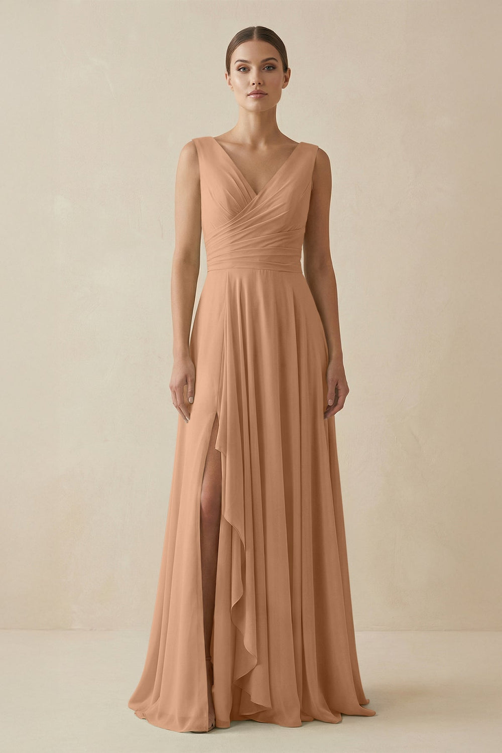 V - Neck A - Line Chiffon Ruffled Bridesmaid Dress in Bronzer - KissProm Bridesmaid Dresses