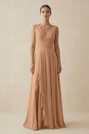 V - Neck A - Line Chiffon Ruffled Bridesmaid Dress in Bronzer - KissProm Bridesmaid Dresses