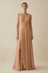 V - Neck A - Line Chiffon Ruffled Bridesmaid Dress in Bronzer - KissProm Bridesmaid Dresses