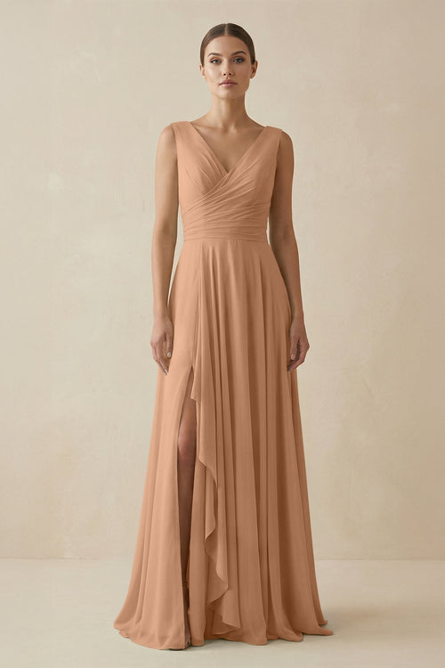 V - Neck A - Line Chiffon Ruffled Bridesmaid Dress in Bronzer - KissProm Bridesmaid Dresses