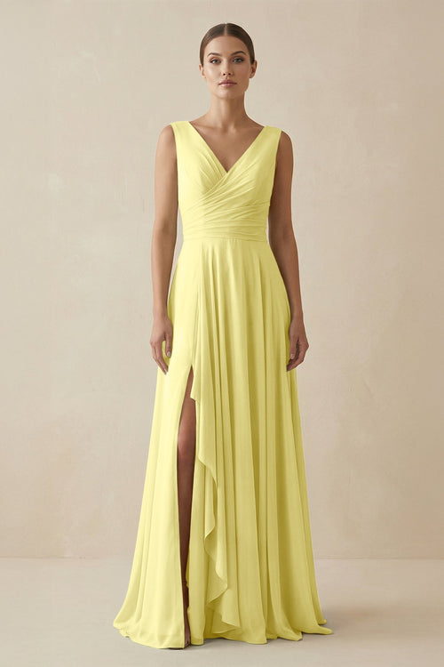 V - Neck A - Line Chiffon Ruffled Bridesmaid Dress in Buttercup - KissProm Bridesmaid Dresses