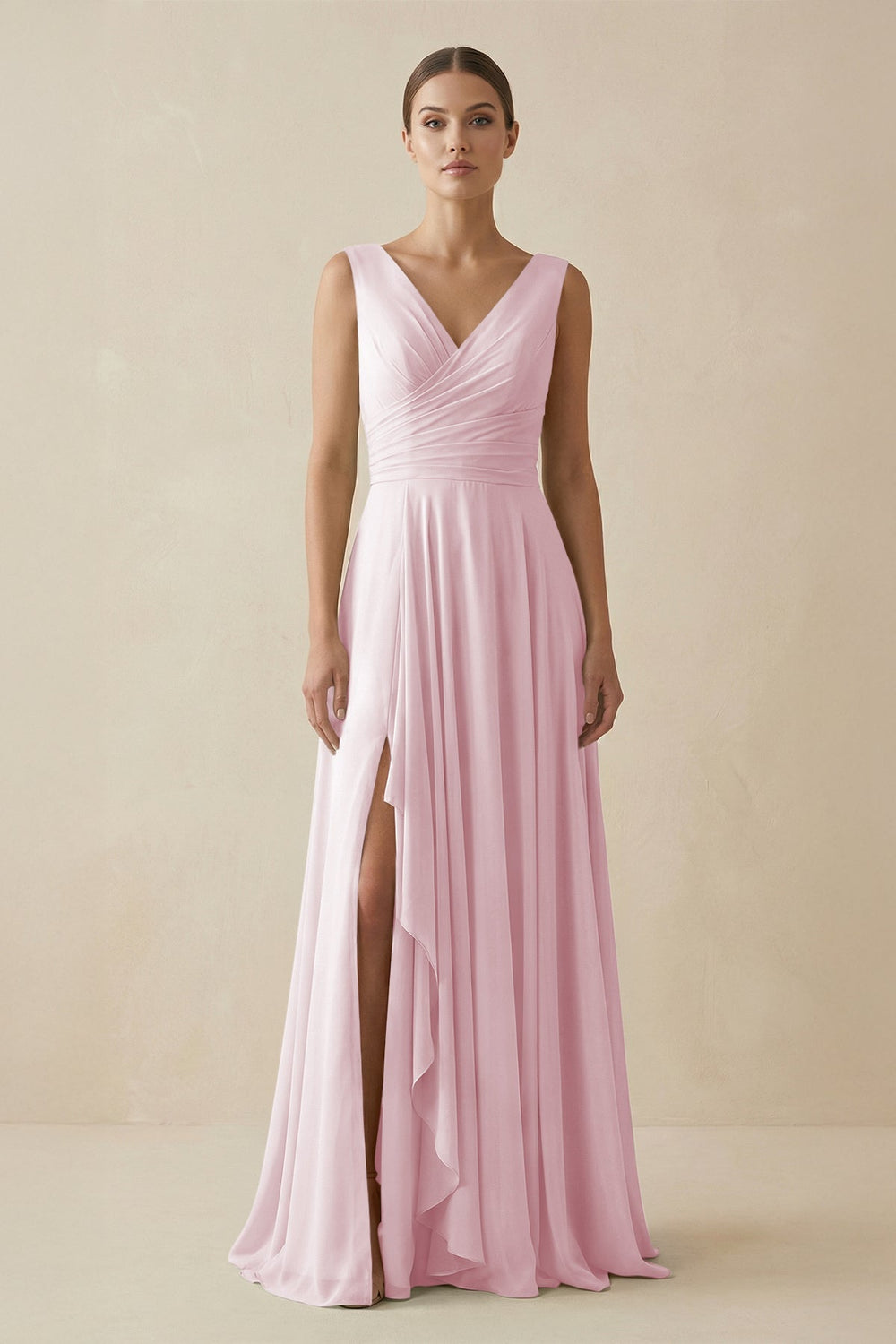 V - Neck A - Line Chiffon Ruffled Bridesmaid Dress in Candy Pink - KissProm Bridesmaid Dresses
