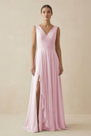 V - Neck A - Line Chiffon Ruffled Bridesmaid Dress in Candy Pink - KissProm Bridesmaid Dresses