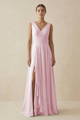 V - Neck A - Line Chiffon Ruffled Bridesmaid Dress in Candy Pink - KissProm Bridesmaid Dresses