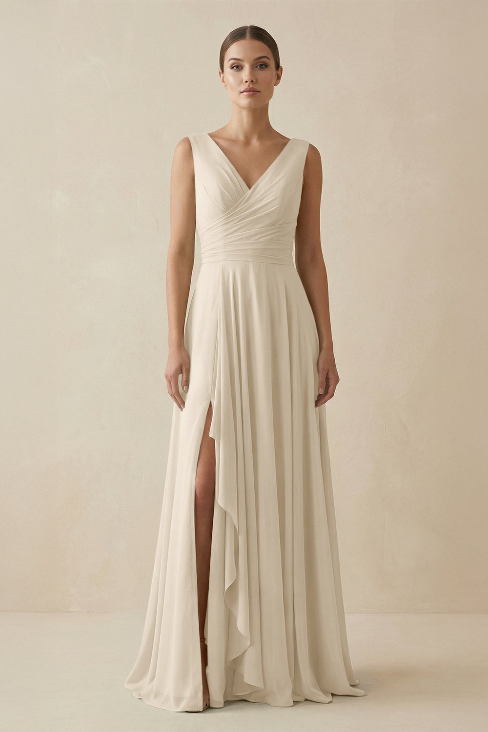 V - Neck A - Line Chiffon Ruffled Bridesmaid Dress in Champagne - KissProm Bridesmaid Dresses