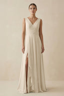 V - Neck A - Line Chiffon Ruffled Bridesmaid Dress in Champagne - KissProm Bridesmaid Dresses