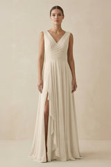 V - Neck A - Line Chiffon Ruffled Bridesmaid Dress in Champagne - KissProm Bridesmaid Dresses