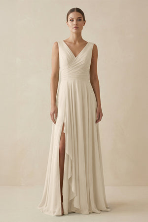 V - Neck A - Line Chiffon Ruffled Bridesmaid Dress in Champagne - KissProm Bridesmaid Dresses
