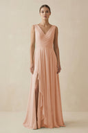 V - Neck A - Line Chiffon Ruffled Bridesmaid Dress in Champagne Rose - KissProm Bridesmaid Dresses