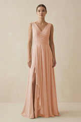 V - Neck A - Line Chiffon Ruffled Bridesmaid Dress in Champagne Rose - KissProm Bridesmaid Dresses