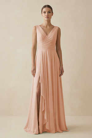 V - Neck A - Line Chiffon Ruffled Bridesmaid Dress in Champagne Rose - KissProm Bridesmaid Dresses