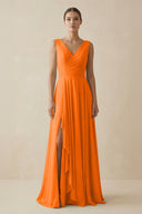 V - Neck A - Line Chiffon Ruffled Bridesmaid Dress in Cinnamon - KissProm Bridesmaid Dresses