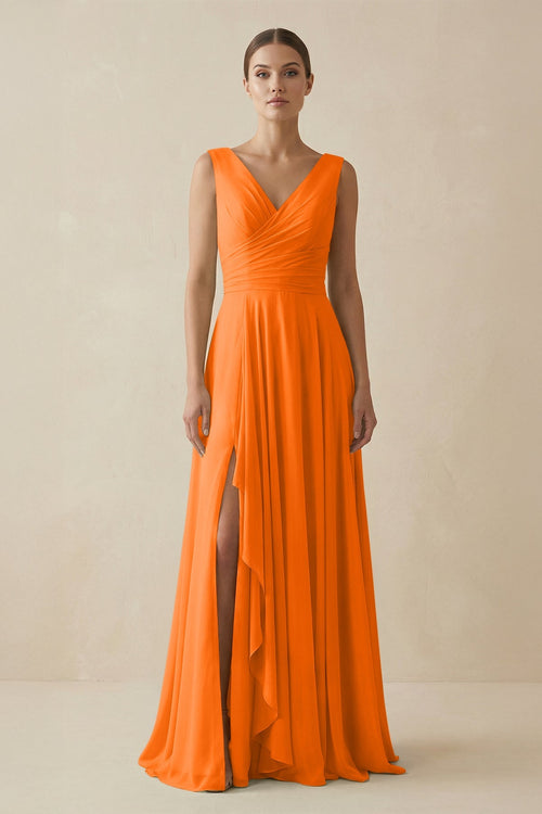 V - Neck A - Line Chiffon Ruffled Bridesmaid Dress in Cinnamon - KissProm Bridesmaid Dresses