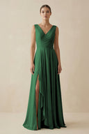 V - Neck A - Line Chiffon Ruffled Bridesmaid Dress in Dark Green - KissProm Bridesmaid Dresses