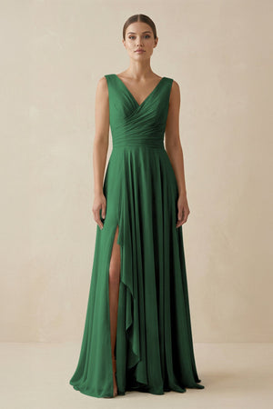 V - Neck A - Line Chiffon Ruffled Bridesmaid Dress in Dark Green - KissProm Bridesmaid Dresses