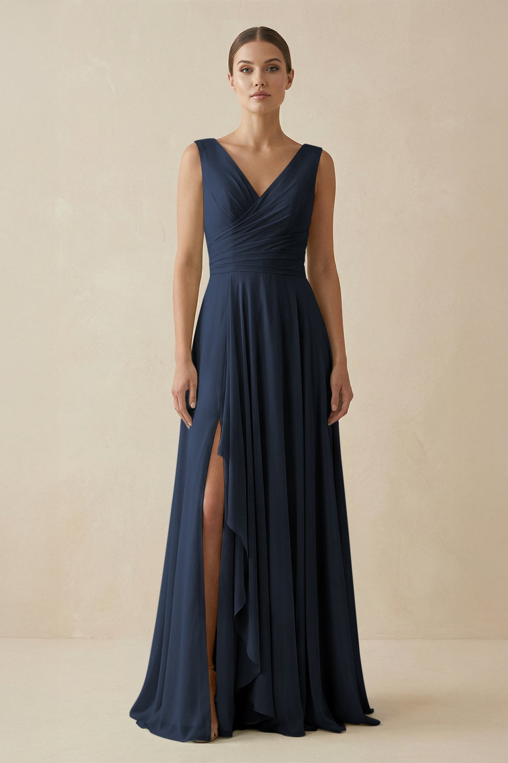 V - Neck A - Line Chiffon Ruffled Bridesmaid Dress in Dark Navy - KissProm Bridesmaid Dresses