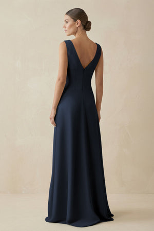 V - Neck A - Line Chiffon Ruffled Bridesmaid Dress in Dark Navy - KissProm Bridesmaid Dresses