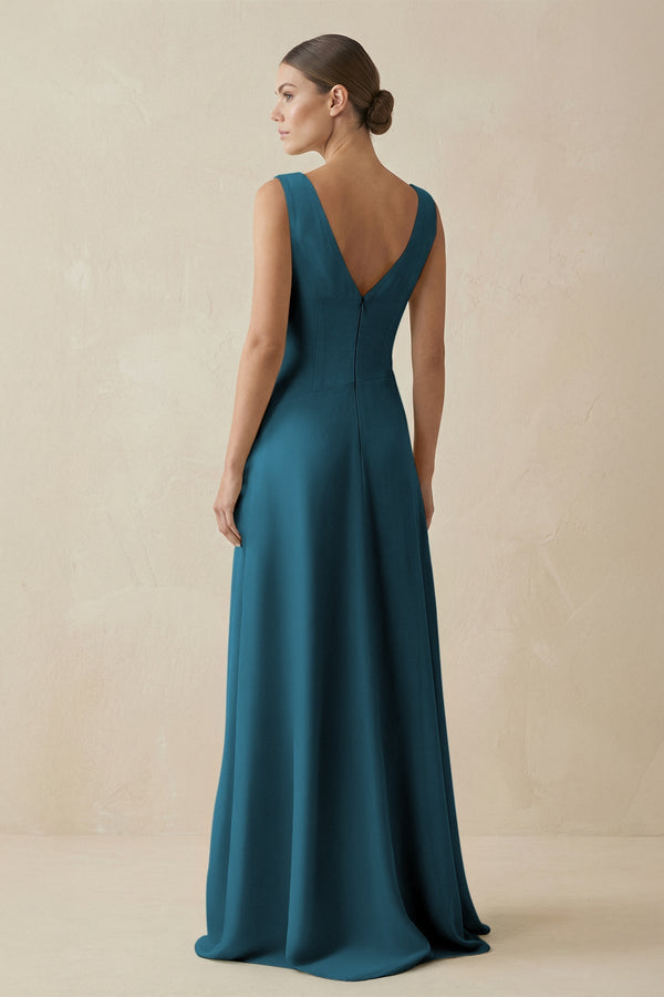 V - Neck A - Line Chiffon Ruffled Bridesmaid Dress in Dark Teal - KissProm Bridesmaid Dresses