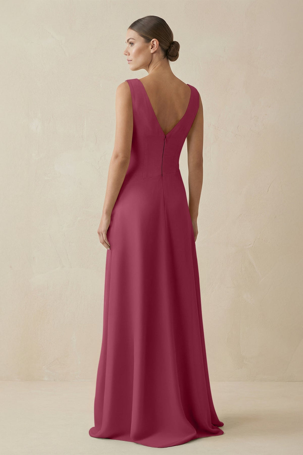 V - Neck A - Line Chiffon Ruffled Bridesmaid Dress in Desert Rose - KissProm Bridesmaid Dresses