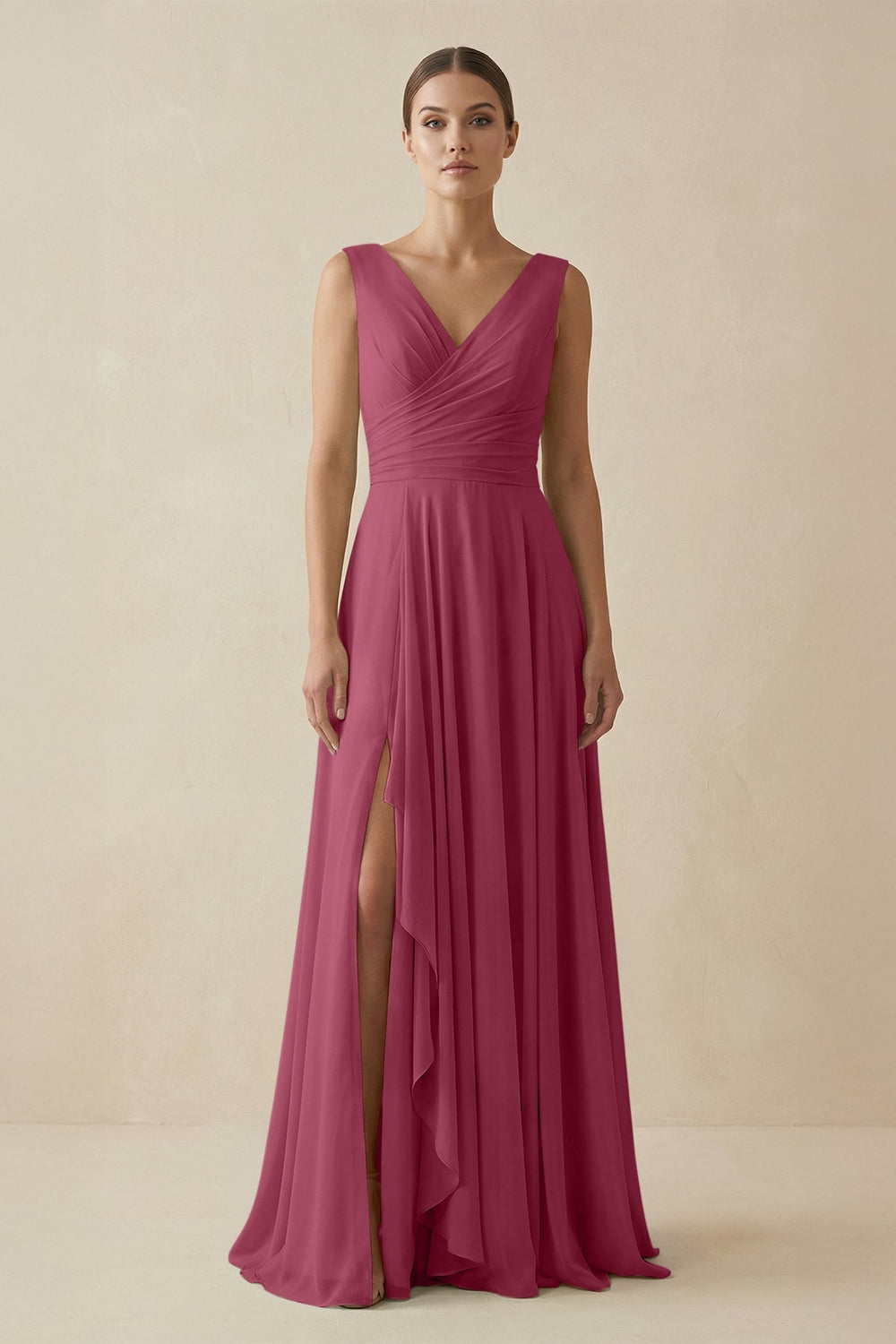 V - Neck A - Line Chiffon Ruffled Bridesmaid Dress in Desert Rose - KissProm Bridesmaid Dresses
