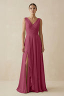 V - Neck A - Line Chiffon Ruffled Bridesmaid Dress in Desert Rose - KissProm Bridesmaid Dresses