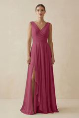 V - Neck A - Line Chiffon Ruffled Bridesmaid Dress in Desert Rose - KissProm Bridesmaid Dresses