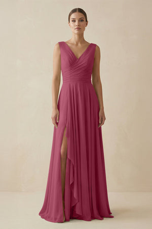 V - Neck A - Line Chiffon Ruffled Bridesmaid Dress in Desert Rose - KissProm Bridesmaid Dresses