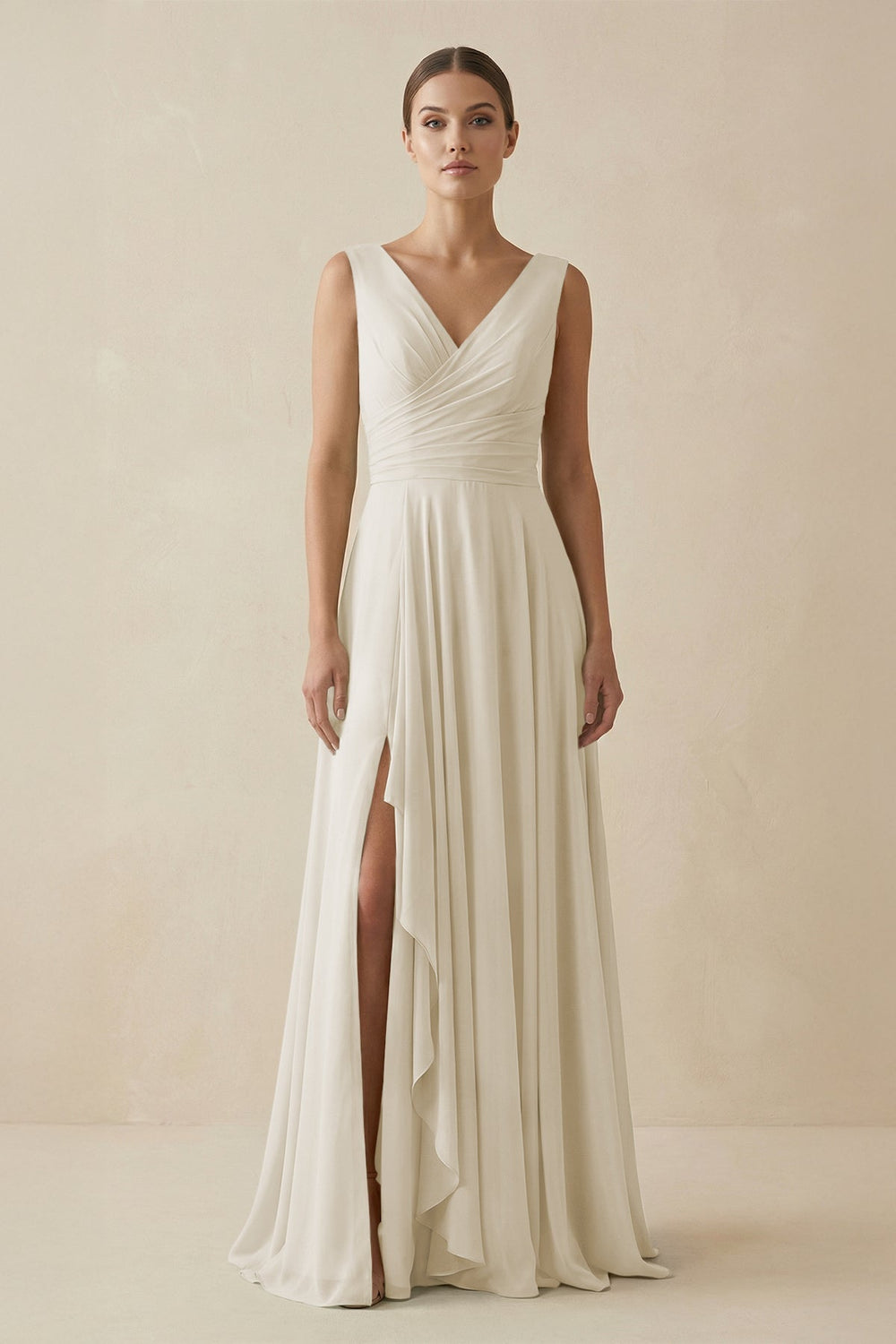 V - Neck A - Line Chiffon Ruffled Bridesmaid Dress in Dove Gray - KissProm Bridesmaid Dresses