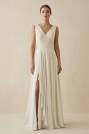 V - Neck A - Line Chiffon Ruffled Bridesmaid Dress in Dove Gray - KissProm Bridesmaid Dresses
