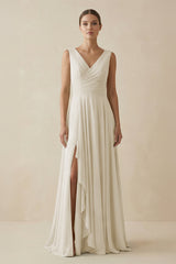 V - Neck A - Line Chiffon Ruffled Bridesmaid Dress in Dove Gray - KissProm Bridesmaid Dresses
