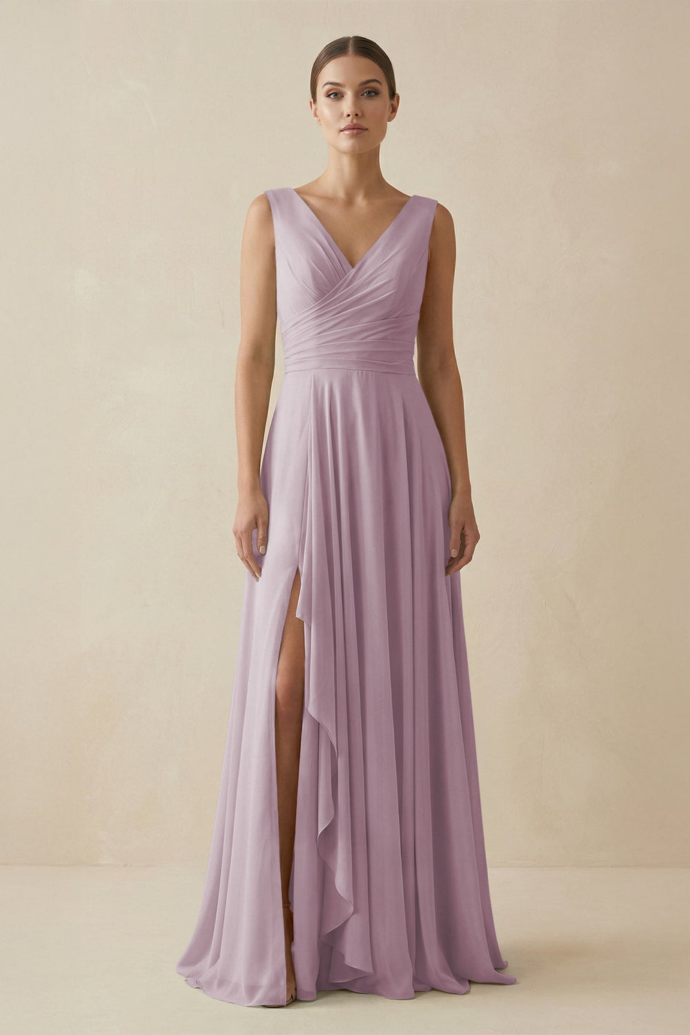 V - Neck A - Line Chiffon Ruffled Bridesmaid Dress in Dusk - KissProm Bridesmaid Dresses