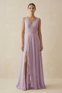 V - Neck A - Line Chiffon Ruffled Bridesmaid Dress in Dusk - KissProm Bridesmaid Dresses