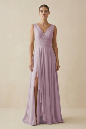 V - Neck A - Line Chiffon Ruffled Bridesmaid Dress in Dusk - KissProm Bridesmaid Dresses