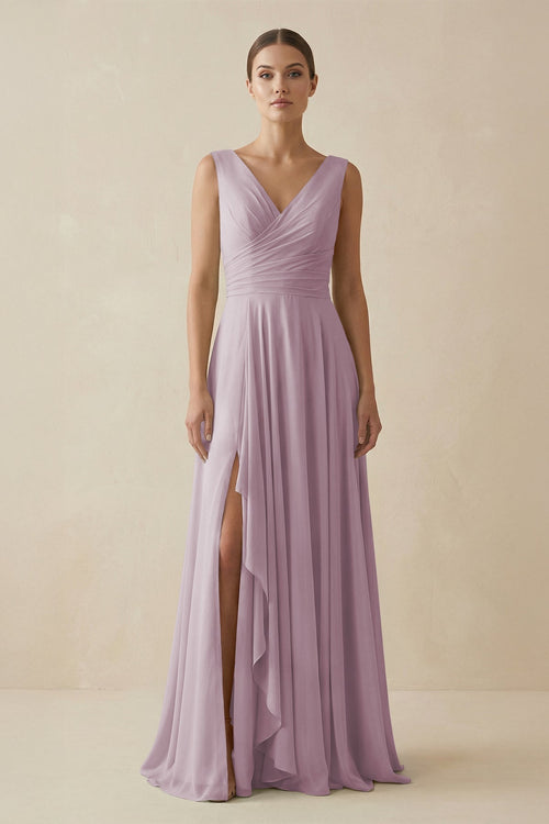 V - Neck A - Line Chiffon Ruffled Bridesmaid Dress in Dusk - KissProm Bridesmaid Dresses