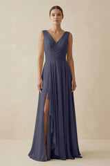 V - Neck A - Line Chiffon Ruffled Bridesmaid Dress in Dusk Blue - KissProm Bridesmaid Dresses